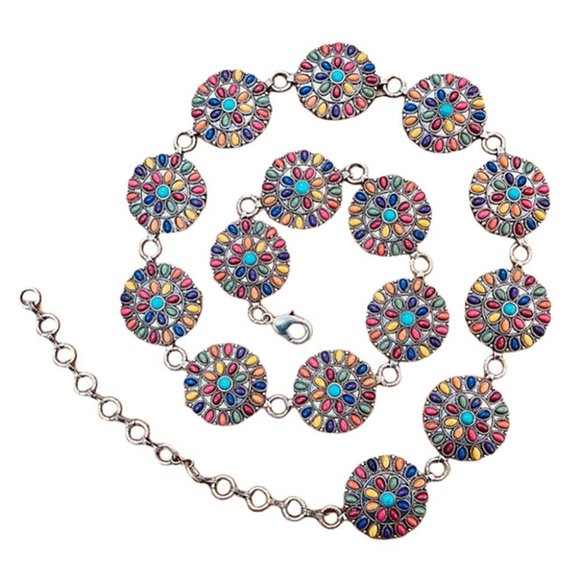 Turquoise Multi Natural Stone Antique Metal Squash Blossom Boho Westen Link Belt - Picture 2 of 2